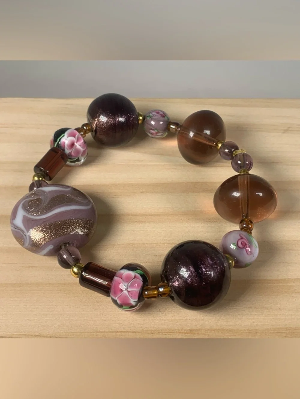 Vintage Purple Floral Murano Lampwork Glass Beaded Stretch Bracelet 7”